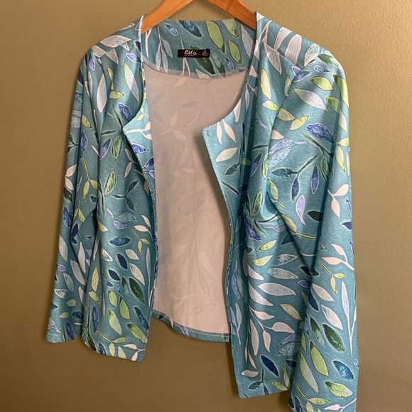 Lily By Firmiana Blue Leaf Pattern Open Blazer Like Jacket Medium - Picture 3 of 6